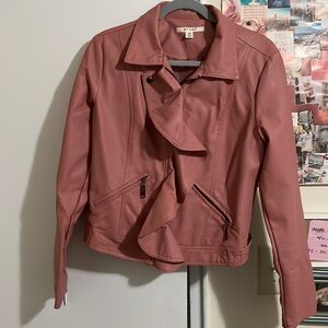 Pink ruffle front faux leather jacket size M